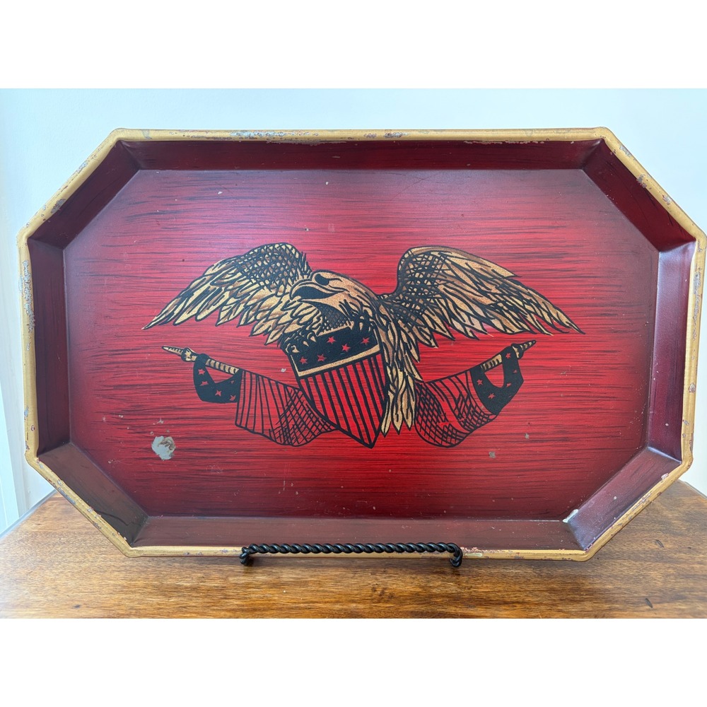 Vintage Nashco Products NY Hand Painted Americana Eagle Tole Tray Red Octagon